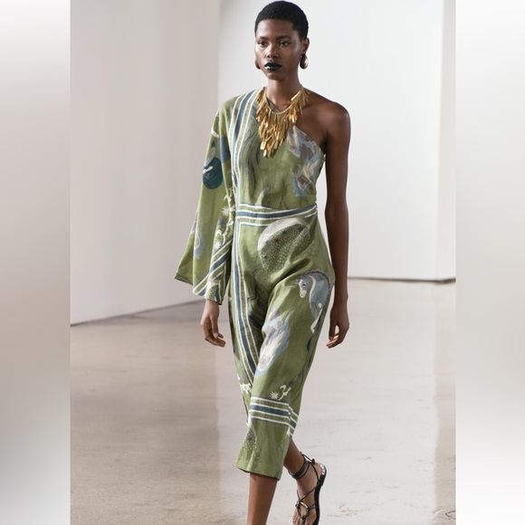 ZARA- one shoulder linen printed asymmetric dress- size XS- NWT - Picture 2 of 7